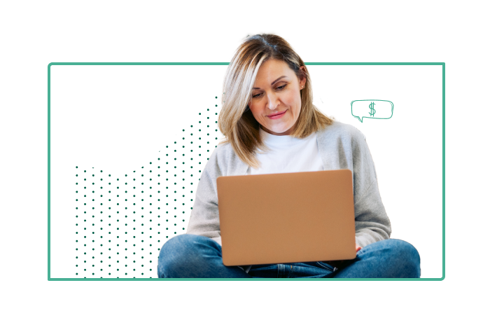 Woman sitting, working on laptop, researching personal finance